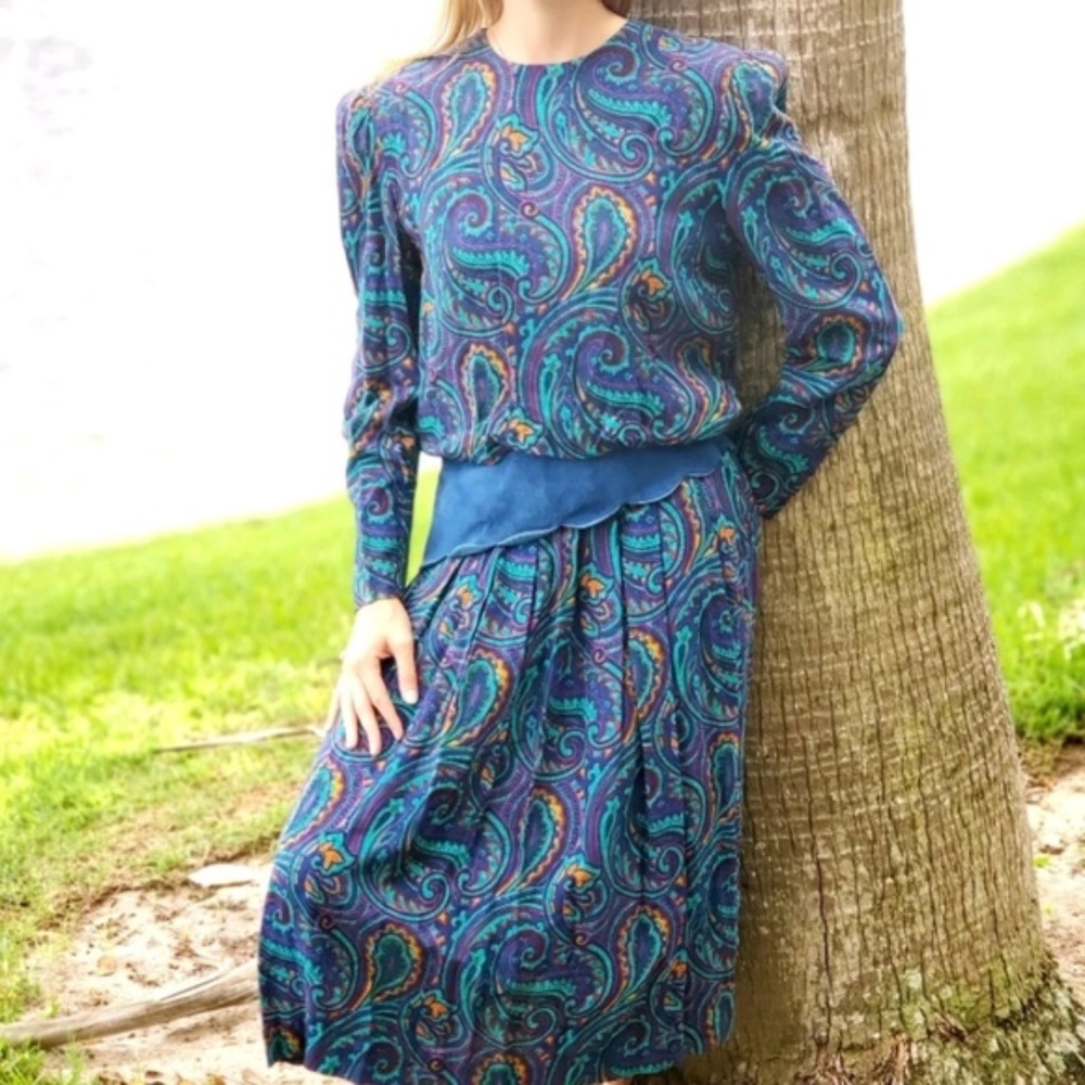 Paisley Vintage Dress Prairie Womens L 80s Saks